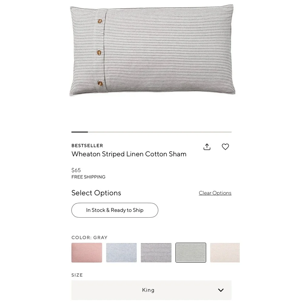 Pottery Barn Wheaton Striped Linen Cotton King Sham Gray White Button Closure
